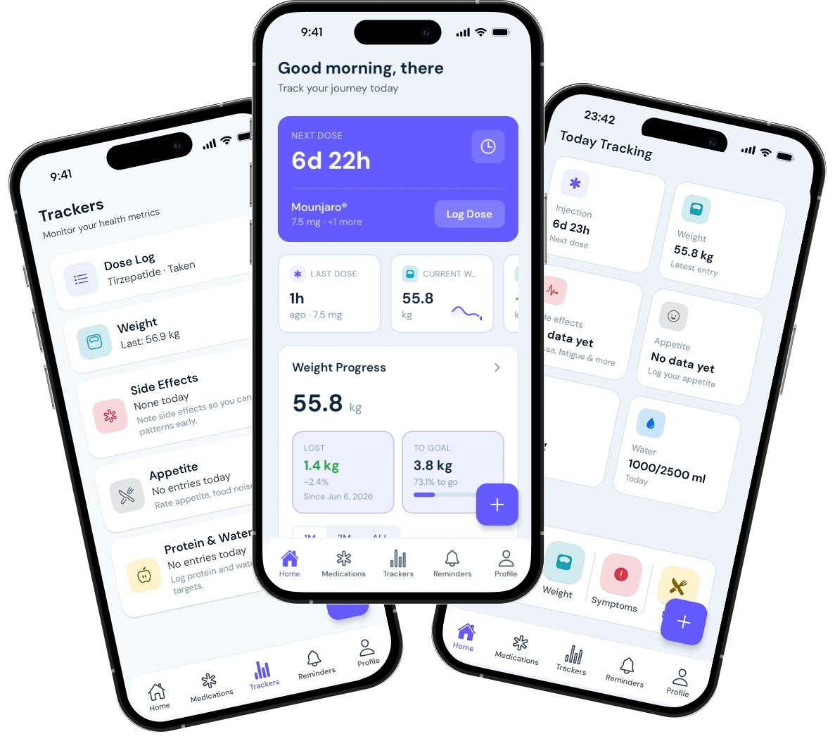Peptimize app showing dose tracking, weight progress and today's activity