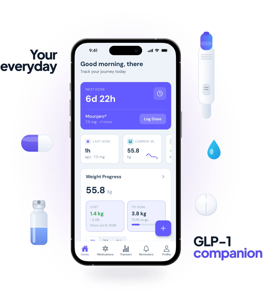 Peptimize app home screen showing next dose and weight progress, surrounded by dose pen, capsule, tablet, and bottle icons
